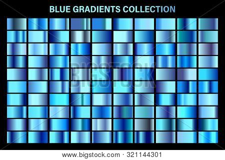 Blue, Azure Glossy Gradient, Metal Foil Texture. Color Swatch Set. Collection Of High Quality Vector