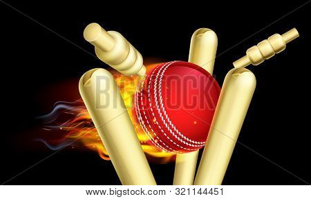 A Flaming Cricket Ball On Fire Hitting Wicket Stumps