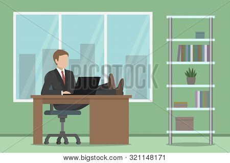 Employee Sitting With Legs On Desk. Vector Illustration.
