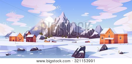 Winter Mountain Landscape With Houses Or Chalet. Ski Resort Settlement With Spruce Trees And Snowy P