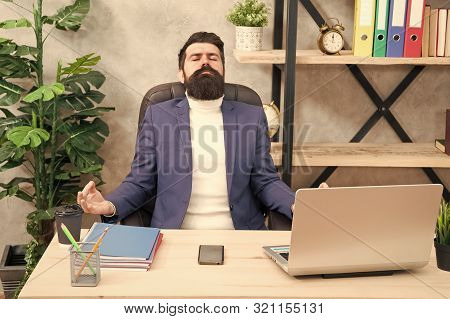 Zen Like. Businessman Meditate In Formal Outfit. Confident Man Relax On Mediation. Boss Meditate At 