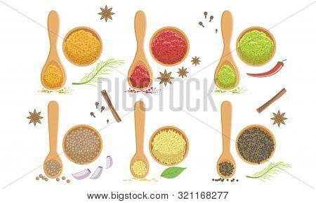 Spices In Wooden Bowl Set, Svanuri Marili, Turmeric, Paprika, Curcuma Powder, Peppercorns, Sesame Se