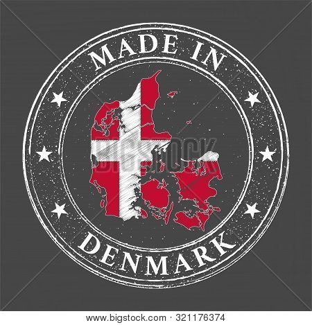Made In Denmark Map Flag Grunge Stamp. Vector Illustration.