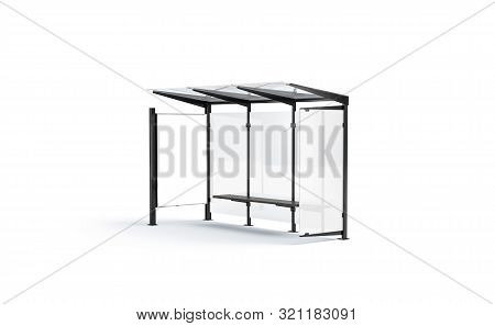 Blank White Poster On Bus Stop Mockup, Right Side View, 3d Rendering. Empty Shelter With Light Box M