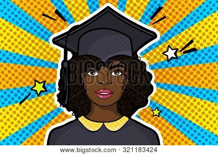 Concept Of A Graduating Class. Girl In Graduation Cap In Pop Art Style