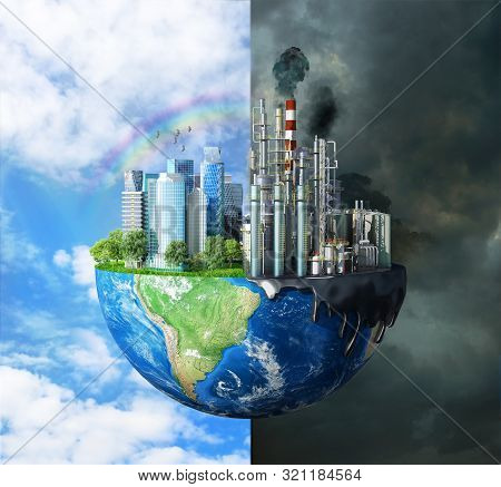 Concept Of Global Disaster. The Contrast Between Pure Nature, Bright Sky, Trees And Polluting Cities