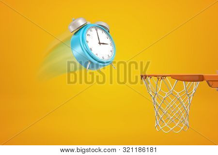 3d Rendering Of Blue Alarm Clock Flying Into Basketball Hoop On Yellow Background