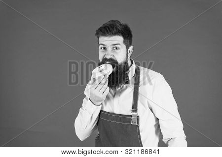 Diet And Healthy Food. Unhealthy Eating. Baker Eat Doughnut. Chef Man In Cafe. Calorie. Feel Hunger.