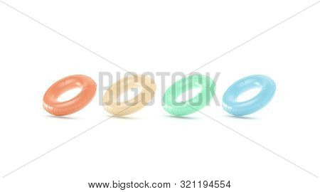 Blank Colored Swim Ring Mockup Set, No Gravity, 3d Rendering. Empty Red, Orange, Green And Blue Life