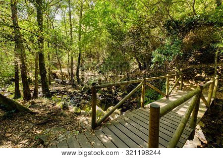 Serra Do Espinhal, Portugal - August 31, 2019 : Waterfall Pedra Ferida, Coimbra, Portugal