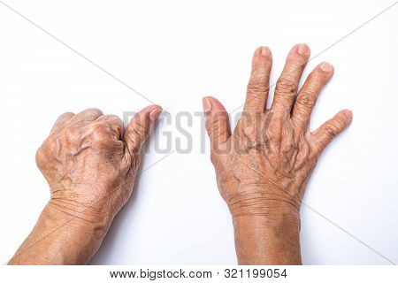 Senior Woman's Hands  Counting 6 Isolated On White Background, Numbers 1-10 In Sign Language Concept