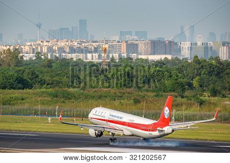 Chengdu Airport, Sichuan Province, China - August 28, 2019 : Sichuan Airlines Airbus A321 Commercial