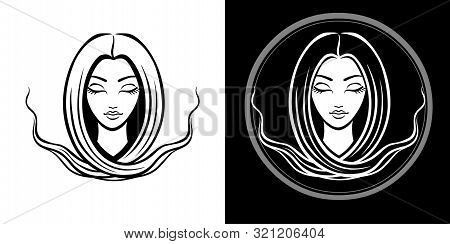 The Stylized Portrait Of The Young Beautiful Girl With Long Hair. The Linear Isolated Drawing. Black