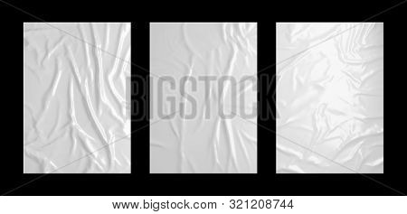 Glossy White Wrinkled Paste Poster Template Set. Isolated Glued Paper Or Fabric Mockup.