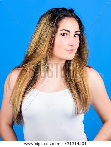 Hairdresser Salon. Damaged Hair. Voluminous Crimped Hair. Styling Cosmetic Product. Crimped Hairstyl