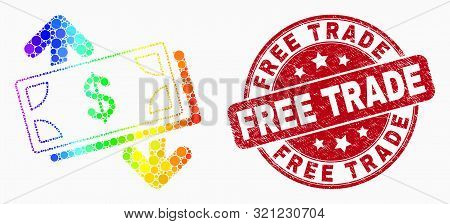 Pixelated Spectral Banknotes Exchange Arrows Mosaic Pictogram And Free Trade Stamp. Red Vector Round