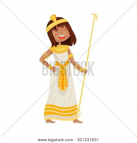 Woman In A Long White Dress Of The Pharaoh. Vector Illustration On A White Background.