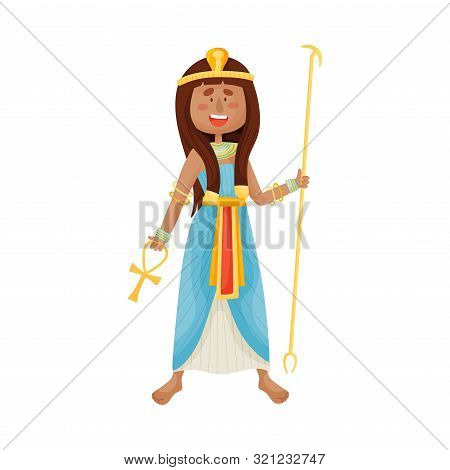 Woman In A Long Blue Egyptian Dress. Vector Illustration On A White Background.