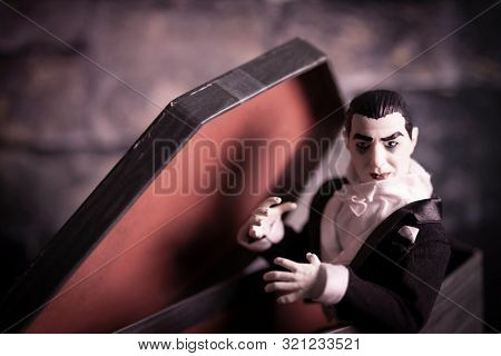 SEPT 8 2019:  Scene with Count Dracula exiting his coffin in a castle dungeon - Mego Corporatin action figure
