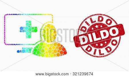 Pixel Rainbow Gradiented Computer Patient Mosaic Pictogram And Dildo Seal Stamp. Red Vector Rounded 