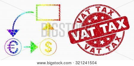 Pixelated Rainbow Gradiented Currency Conversion Scheme Mosaic Icon And Vat Tax Seal. Red Vector Rou