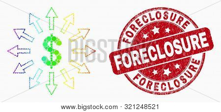 Pixelated Spectral Dollar Emission Mosaic Icon And Foreclosure Seal Stamp. Red Vector Rounded Grunge