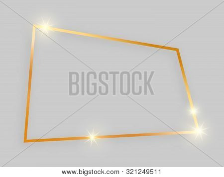Shiny Frame With Glowing Effects. Gold Quadrangular Frame With Shadow On Grey Background. Vector Ill