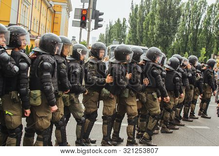 Kiev, Ukraine, 06.23.2019. Police In Protective Helmets And Body Armor Keep Order At The Meeting. Se