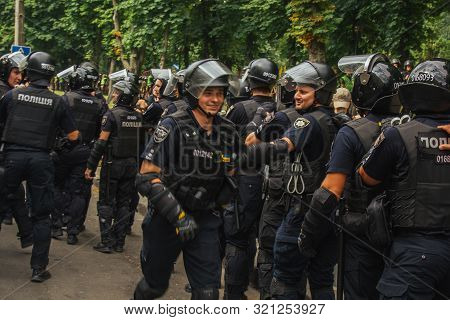 Kiev, Ukraine, 06.23.2019. Police In Protective Helmets And Body Armor Keep Order At The Meeting. Se