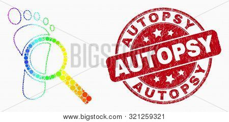 Pixelated Bright Spectral Footprint Audit Magnifier Mosaic Icon And Autopsy Seal Stamp. Red Vector R