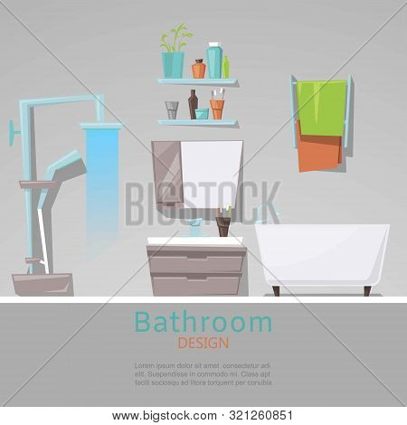 Modern Bathroom Interior With Furniture In Flat Style Vector Illustration. Design Modern Bathroom Si