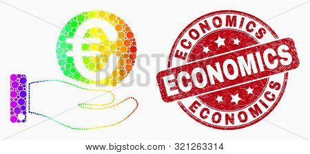 Dot Spectrum Hand Offfer Euro Coin Mosaic Pictogram And Economics Stamp. Red Vector Rounded Grunge S
