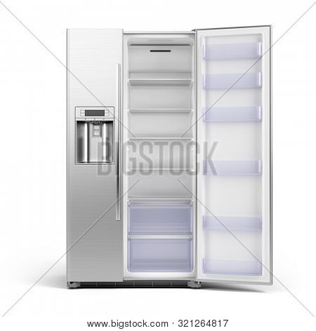 Modern side by side Stainless Steel Refrigerator. Fridge Freezer with open door isolated on white Background. 3d rendering