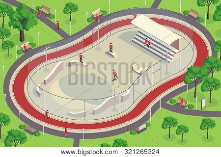 Isometric City Park Horizontal Composition With Outdoor View Of Quarter Pipe Playground With Charact