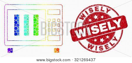 Pixelated Bright Spectral Microwave Oven Mosaic Icon And Wisely Seal Stamp. Red Vector Round Distres