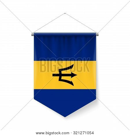 Vertical Pennant Flag Of Barbados As Icon On White With Shadow Effects. Patriotic Sign In Official C