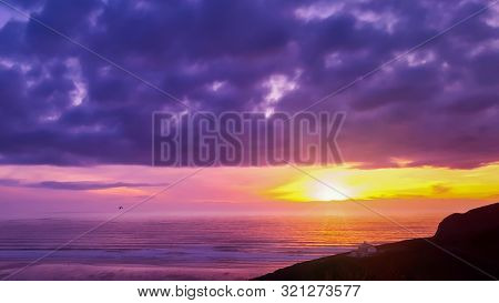 Beautiful Sunset Over Mawgan Porth Beach, Cornwall, Uk