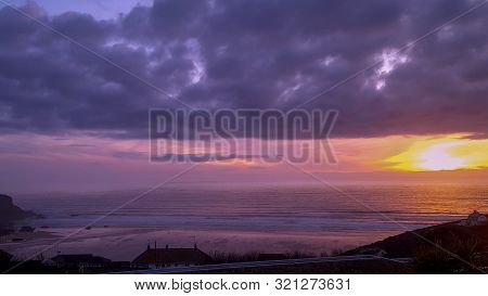 Beautiful Sunset Over Mawgan Porth Beach, Cornwall, Uk
