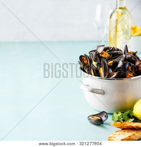 Belgian mussels in white wine with lemon, herbs, croutons and french fries