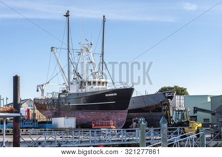Fairhaven, Massachusetts, Usa - September 9, 2019: Scalloper Beiningen Hauled Out At Fairhaven Shipy