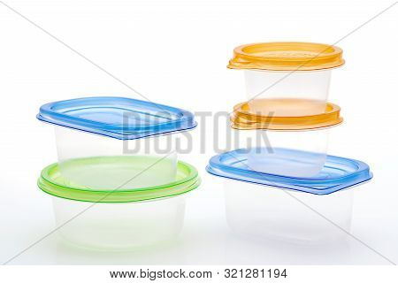 Stack Of Food Plastic Containers On White Background