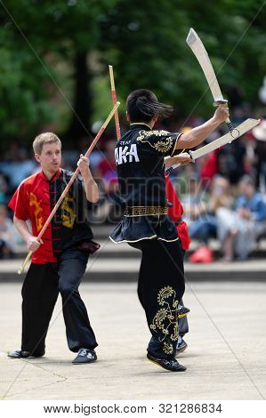 Columbus, Ohio, Usa - May 26, 2019: Columbus Asian Festival, Franklin Park, Man Using Double Duilian