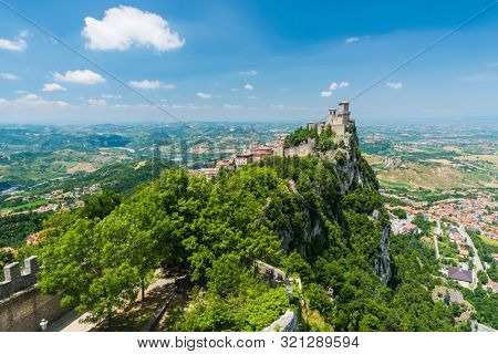 Mighty Guaita Tower and fortress on Mount Titano above the Republic of San Marino