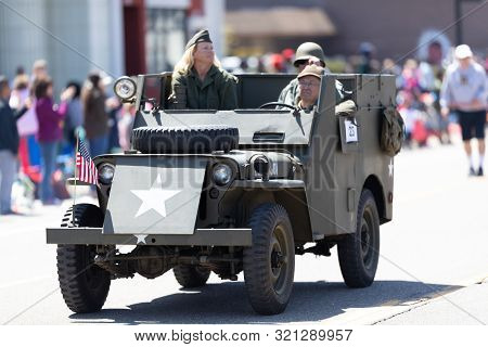 Benton Harbor, Michigan, Usa - May 4, 2019: Blossomtime Festival Grand Floral Parade, Man Driving A 