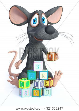 3d Rendering Of A Cute Smiling Cartoon Mouse Sitting On The Floor And Playing And Building A Tower W