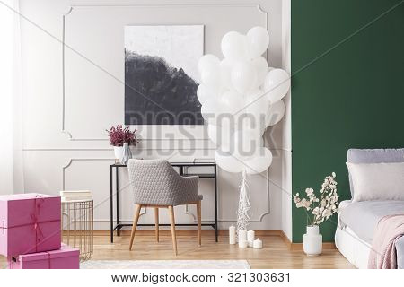 Pink Presents With Red Ribbons On The Floor Of Sophisticated Bedroom Prepared For Birthday Bash, Cop