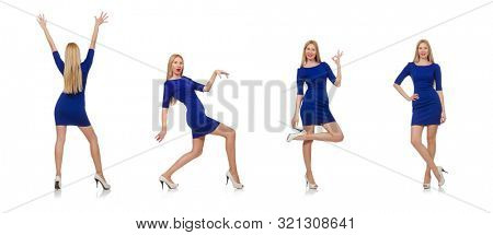Beautiful lady in dark blue dress isolated on white