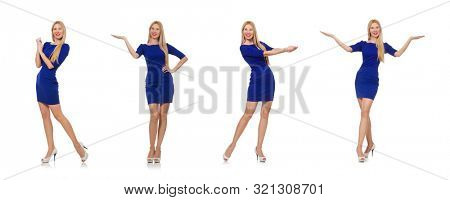 Beautiful lady in dark blue dress isolated on white
