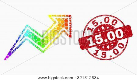 Dot Rainbow Gradiented Trend Arrows Mosaic Icon And 15.00 Seal. Red Vector Round Grunge Stamp With 1