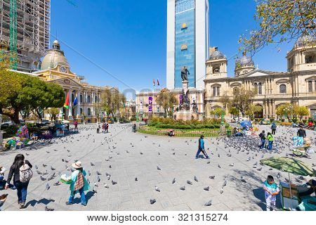 La Paz Bolivia August 26, People Relaxing In Murillo Square In The Historic Center. Shoot On August 